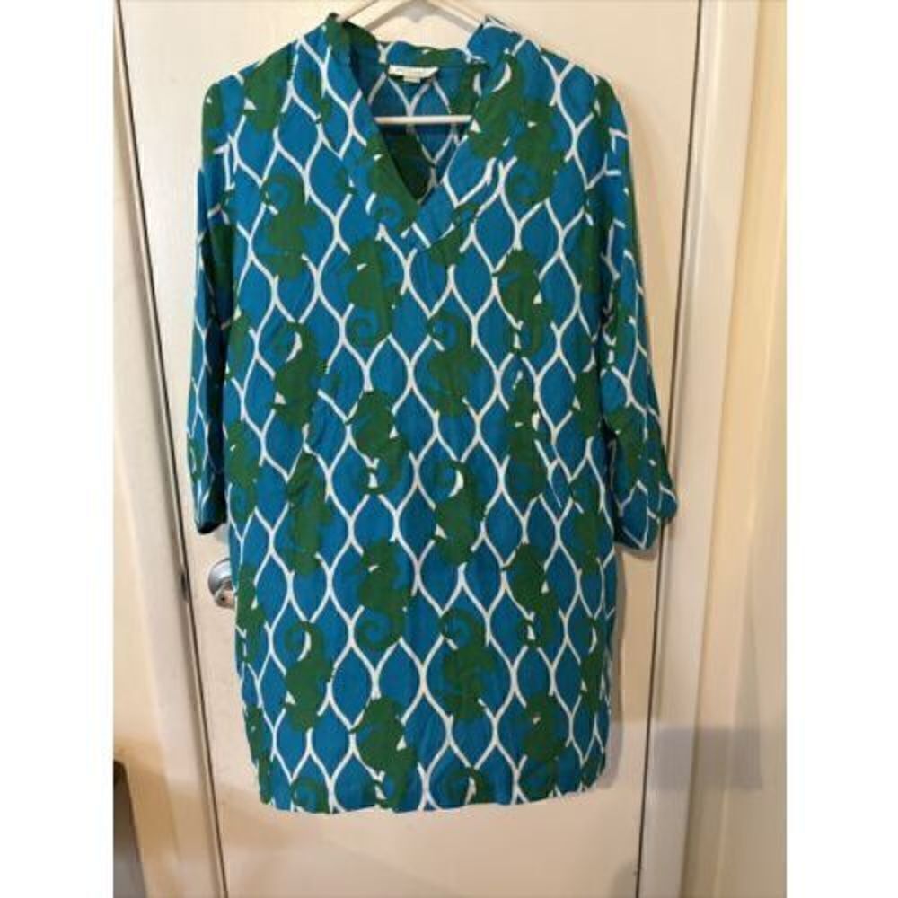 ESCAPADA BEACH Blue Green Seahorse Tunic Top Blouse 3/4 Slv Dress Cover-Up SZ XS